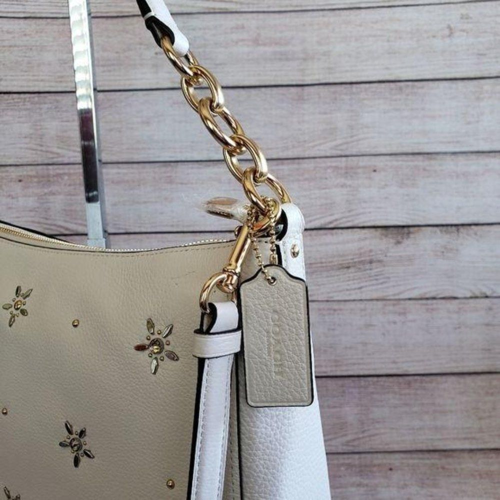 Coach Studded Elle Hobo Refined Pebble Leather Shoulder Crossbody Handbag Chalk - Picture 5 of 15